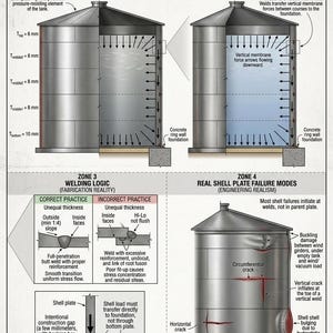 May include: An engineering diagram titled API 650 VERTICAL CYLINDRICAL STORAGE TANK. It illustrates shell plate definitions, load paths, welding logic, and failure modes with technical labels, arrows, and cross-section views of tank components.