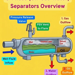 Op de afbeelding: Een technisch diagram getiteld 3-Phase (Oil-Gas-Water) Separators Overview op een gele achtergrond. Het toont een horizontaal vat met labels voor Well Fluid Inflow, Pressure Release Valve, PSV Vent to Flare, Gas Outflow, Oil Outflow en Water Outflow, met interne lagen van nevel, emulsie, aardgas, olie en water.