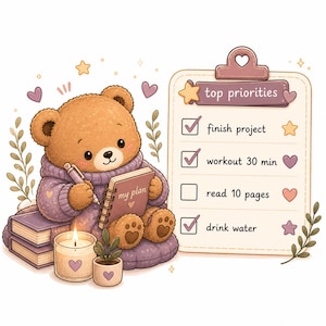 May include: A cute cartoon teddy bear wearing a purple sweater, writing in a notebook labeled "my plan." A checklist with "top priorities" includes "finish project," "workout 30 min," "read 10 pages," and "drink water."