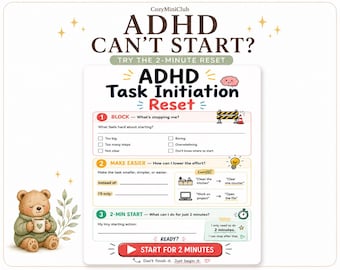 Arbeitsblatt zur Aufgabeninitiierung bei ADHS, Übungsblatt zu exekutiven Funktionen (druckbar), 2-Minuten-Übung zur Aufgabenbereinigung, Startplaner, PDF zur Produktivitätssteigerung bei ADHS