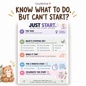 Task Paralysis Worksheet for ADHD Adults, Task Initiation Printable, 5 Minute Start, Executive Function Tool
