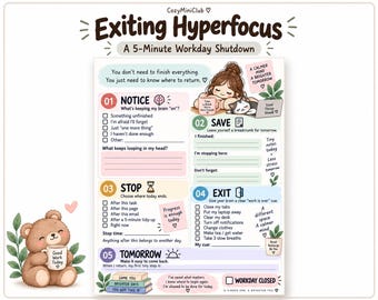 Arbeitsblatt zu ADHS-Hyperfokus, Planer für exekutive Funktionen, Routine zum Feierabend, ADHS-Vorlage zum Ausdrucken, Planer für Gehirn-Reset und Konzentration