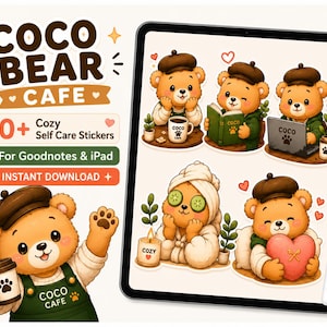 Könnte beinhalten: Ein digitales Sticker-Set mit dem Titel Coco Bear Cafe, das einen braunen Bären in verschiedenen Szenen zeigt, unter anderem mit Baskenmütze, Kaffeetasse, beim Lesen eines Buches, am Laptop, mit Handtuch und Gurkenscheiben sowie mit einem Herz.
