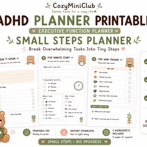 Può includere: Un set di planner ADHD stampabili con tre fogli di lavoro intitolati Break It Down, Five Minute Start e Tiny Wins Tracker. Le pagine includono illustrazioni di orsi, testo verde e marrone e caselle di controllo. Formati A4, A5 e US Letter inclusi.