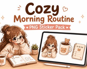 Gemütliche Morgen-Routine PNG Aufkleber, Journal Clipart (digitaler Download)