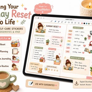 K&ouml;nnte beinhalten: Ein Tablet-Bildschirm mit einem digitalen Planer, der Aufkleber zum Thema Sonntag enth&auml;lt, darunter Illustrationen einer Person, Pflanzen und Haushaltsgegenst&auml;nde, mit Text&uuml;berschriften wie Today's Focus, Daily Tasks und Note to Self sowie einem Eingabestift.