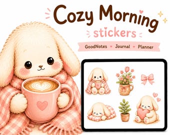 Gemütlicher Morgen Häschen Aufkleber, Journal Planer PNG Pack (Digitaler Download)