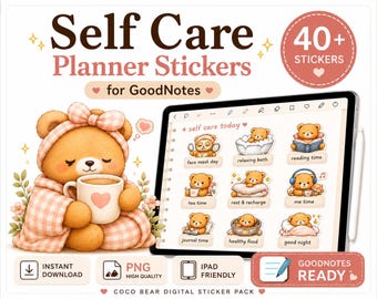 Self Care Planner Stickers für GoodNotes | Gemütlicher Bär Digitale Planner Aufkleber | Wellness & Soft Life Aufkleber