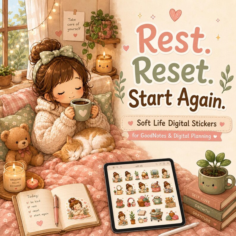 K&ouml;nnte beinhalten: Ein digitales Sticker-Set mit einer Cartoon-Illustration einer Person mit Katze und Teddyb&auml;r, mit dem Text Rest. Reset. Start Again. Soft Life Digital Stickers for GoodNotes & Digital Planning, angezeigt auf einem Tablet-Bildschirm.