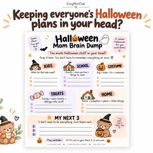 Op de afbeelding: Een printbare Halloween Mom Brain Dump plannerpagina met secties voor kinderen, school, kostuums, traktaties, huis en de volgende drie taken. Het ontwerp bevat schattige illustraties van een beer met een heksenhoed, pompoenen en geesten.