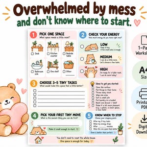 以下が含まれることがあります： Overwhelmed by mess and don't know where to startというタイトルのA4印刷用ワークシート。タスク整理のための5つのステップが番号付きで記載され、クマのイラストが描かれています。PDFデジタルダウンロード用のアイコンも含まれています。