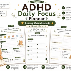 Puede incluir: Un planificador diario ADHD Daily Focus Planner de tres páginas para descarga digital, con colores verde oscuro y beige e ilustraciones de osos. Las páginas incluyen secciones para tareas, prioridades y reflexión, con textos como Daily Focus Planner, Priority & Task Breakdown y Reflection & Tomorrow.