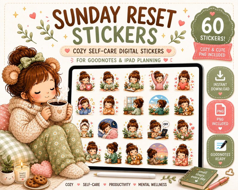 K&ouml;nnte beinhalten: Ein digitales Sticker-Set mit dem Titel SUNDAY RESET STICKERS, das 60 gem&uuml;tliche Selbstpflege-Illustrationen f&uuml;r Goodnotes und iPad-Planung enth&auml;lt. Das Display zeigt ein M&auml;dchen mit braunem Dutt, das Kaffee trinkt, umgeben von kleinen Stickern.
