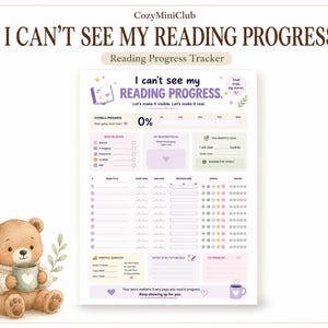 Puede incluir: Una hoja de seguimiento de lectura blanca con el texto I can't see my reading progress, que incluye secciones para títulos de libros, fechas, iconos de estado y valoraciones, acompañada de un oso de peluche marrón que sostiene una taza verde.