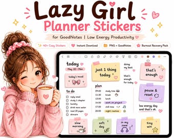 Goodnotes Planer-Sticker, Digitale Sticker für Faule, Sticker für mehr Komfort und Produktivität, Planer für wenig Energie, Niedliche iPad-Sticker (PNG)