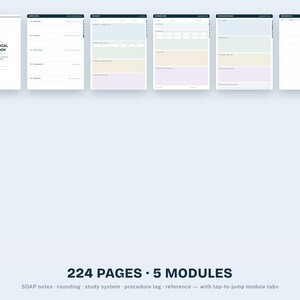 May include: A digital clinical notebook featuring a cover page titled THE CLINICAL NOTEBOOK and five distinct internal page layouts with pastel-colored sections, organized into 224 pages and 5 modules including SOAP notes, rounding, and a procedure log.
