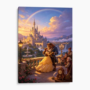 May include: A canvas print depicting a scene with a large castle, a rainbow, and a fountain. Belle in a yellow gown and the Beast in a blue coat dance on a stone balcony. Three small figures stand nearby, and an ornate clock sits on a table.