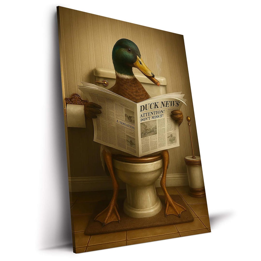 Duck Reading Newspaper on Toilet Canvas Print – Humorous Bathroom Wall ...