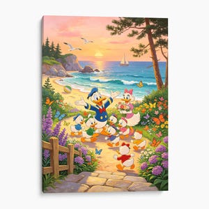 May include: A colourful illustration of Donald Duck, Daisy Duck, and their nephews on a sandy beach at sunset. The scene features a blue ocean, a sailboat, a wooden fence, purple flowers, and orange butterflies under a warm, glowing sky.