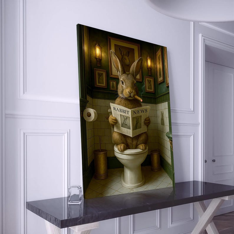 Toilet Simon Rabbit Rabbit Reading Newspaper on Toilet Canvas Print – Funny Bathroom Wall ...
