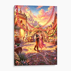 May include: A vertical canvas print depicting a couple dancing in a cobblestone town square. A white horse stands nearby, and a large castle sits in the background under a sunset sky. Red pennant banners hang overhead, and flowers decorate the buildings.