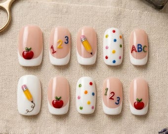 Back to School Press On Nails, French Tip Apple Pencil Nail Art, Custom Teacher Gift Set