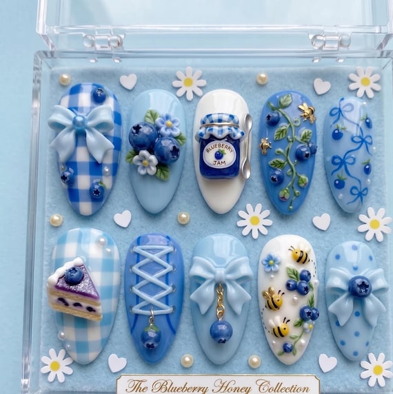 Handmade Blueberry Jam Jar Nails – 3D Gingham, Coquette Bows, Bumble Bee Art (Reusable Gel)