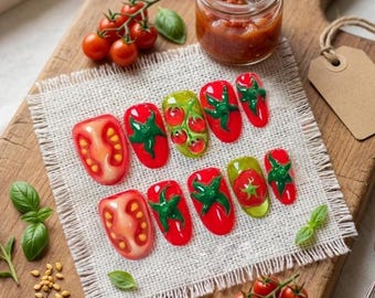 3D Tomato Girl Summer Press On Nails – Realistic Garden Vegetable Art (10 Count)