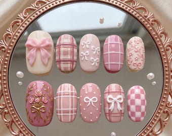 Pastel Pink Press On Nails, 3D Bow Floral Plaid Checkerboard Custom Gel Nails