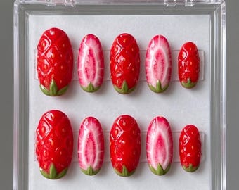 3D Strawberry Press On Nails | Realistic Fruit Food Nail Art | Textured Gel Summer Nails
