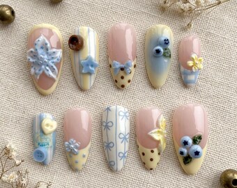 3D Blueberry Floral Press on Nails: Cottagecore Fruit Nail Art