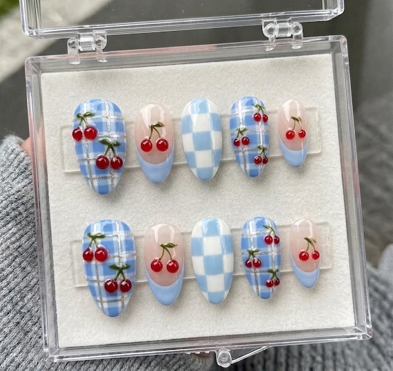 Blue Gingham Cherry Nail Set, Hand-Painted Fruit Fake Nails, Cute Summer Acrylic Nails, Custom Glue on Nails