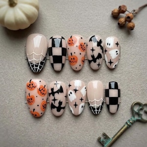 Halloween Press On Nails Short Almond: Ghost Bat Pumpkin & Spiderweb Art