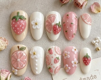 Strawberry Citrus Press On Nails: 3D Sweet Dessert Nail Art Design