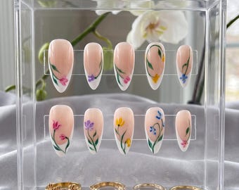Hand-Painted Floral French Tip Almond Nails, Spring Wildflower Art False Nails