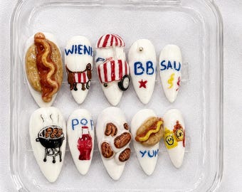 3D Hot Dog Press On Nails | BBQ Summer Red White Food Art Set