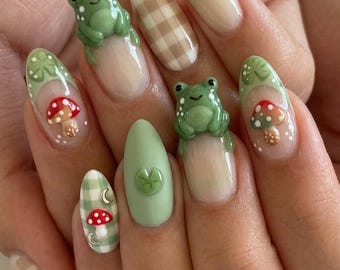 3D Frog Press On Nails, Cottagecore Gingham Mushroom Lily Pad Designs