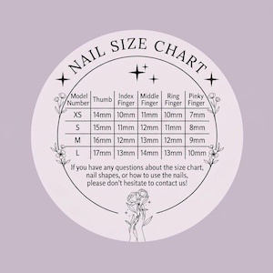 May include: A circular nail size chart on a light purple background. The chart lists sizes XS, S, M, and L with corresponding measurements in millimeters for the thumb, index, middle, ring, and pinky fingers. It includes floral line art illustrations.