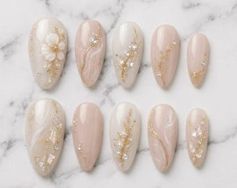 Luxury Blossom Press On Nails, Pearl Floral Glue On Nails, Elegant Bridal Manicure