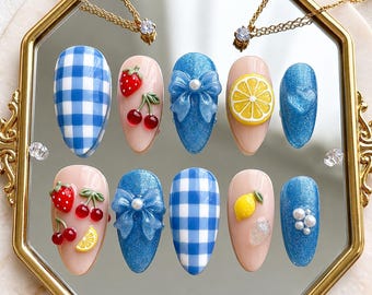 3D Gel Nail Art, Strawberry Lemon Gingham Plaid False Nails