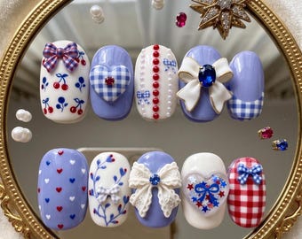 4th of July Press On Nails, Red White Blue Coquette Cherry Bows (10 Count)