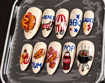 4th of July Hot Dog Press On Nails | BBQ Summer Nail Set | Patriotic Red White Blue 3D Food Nails | Kawaii Wiener Nail Art Handmade Nails