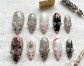 Kawaii 3D Mouse Press On Nails, Cute Rat Fake Nail, Custom Hand Painted Kawaii Animal Nails