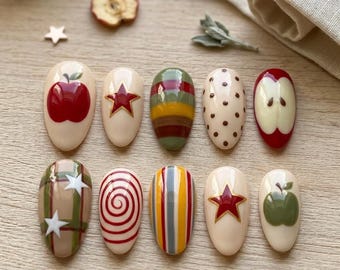 Retro Apple Coquette Press On Nails, Vintage Plaid Fake Nails, Cute Y2K Fruit Gel Nail