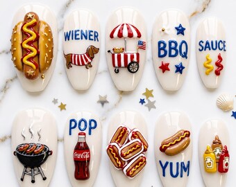 4th of July Hot Dog Press On Nails | BBQ Summer Nail Set | Patriotic Red White Blue 3D Food Nails | Kawaii Wiener Nail Art Handmade Nails
