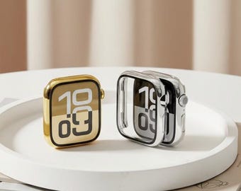 Pläterad klockboett kompatibel med Apple Watch, stötfångarskydd med skärmskydd i glas 38–45 mm