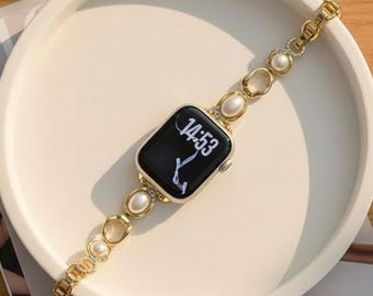 Pearl and Diamond-Style Bracelet Watch Band Compatible with Apple Watch, 38–49mm