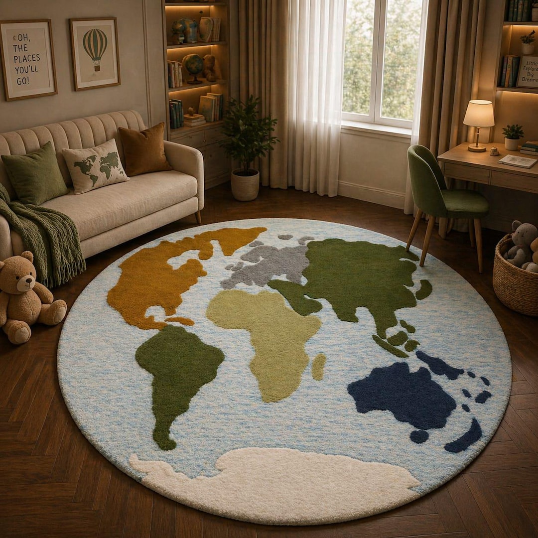 Hand Tufted World Map Round Rug, Kids Educational Area Rug, Colorful ...