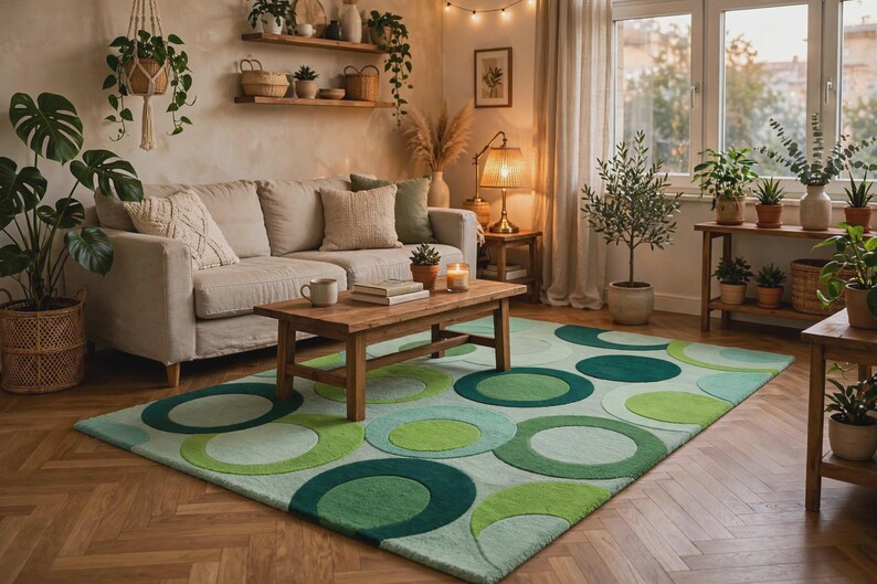 Op de afbeelding: Een rechthoekig vloerkleed met een herhalend patroon van overlappende cirkels in diverse groentinten, waaronder donker bosgroen, limoengroen en zacht mintgroen, op een lichtere groene achtergrond met een getextureerd, getuft oppervlak.