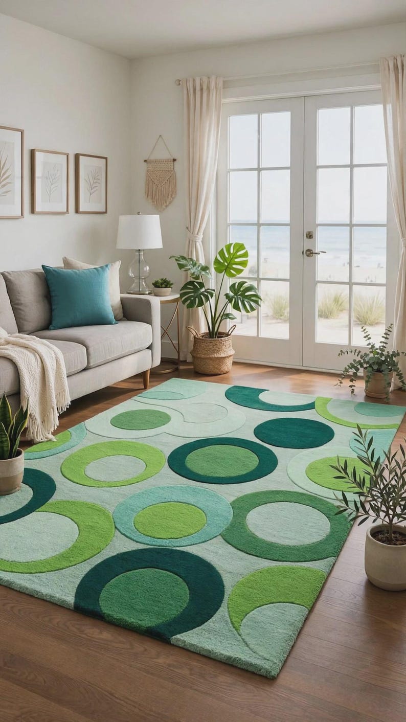 Op de afbeelding: Een rechthoekig vloerkleed met een geometrisch patroon van overlappende cirkels in diverse groentinten, waaronder bosgroen, limoengroen en mint. Het kleed heeft een getextureerde pool en bedekt een deel van de houten vloer in de kamer.
